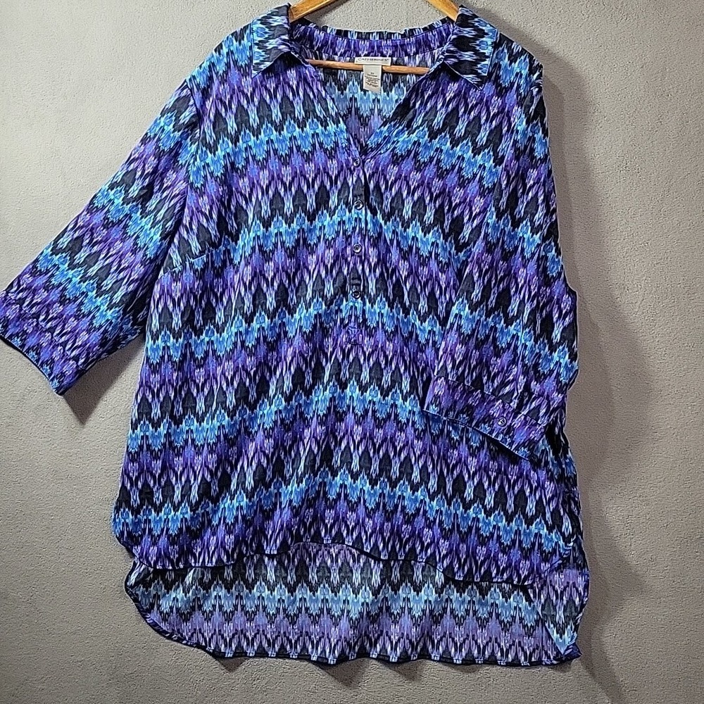 Catherines Shirt Womens 2X Multicolor Mixed Print‎ Button Up Tab Sleeve Blouse
